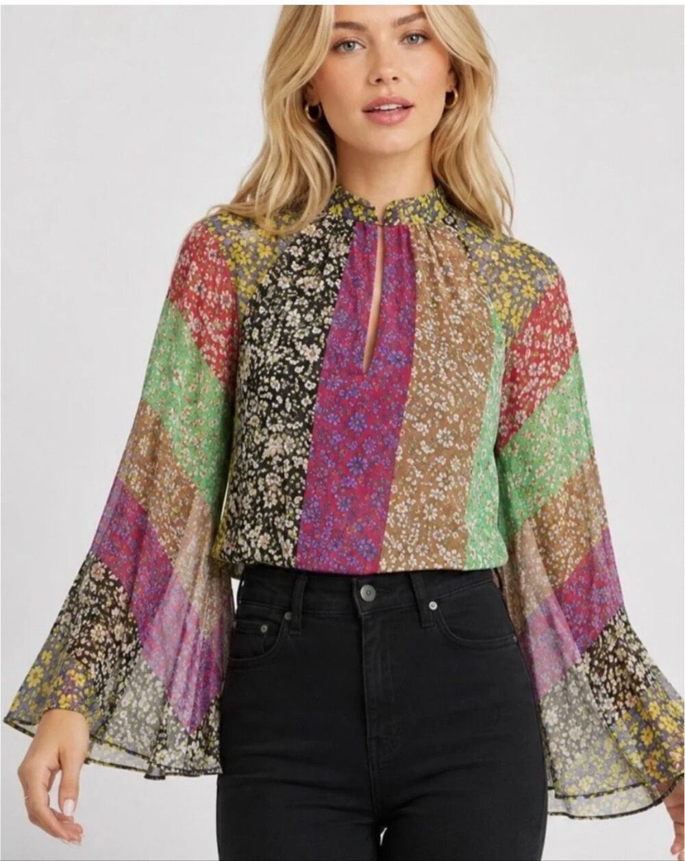Alice & Olivia Prija multicolor floral boho wide bell sleeve patch work blouse S
